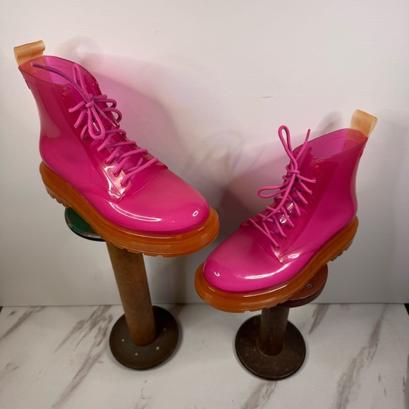 MELISSA Coturno Translucent Platform Lace Up Combat Boots HOT PINK-ORANGE / 7 US - Picture 4 of 14